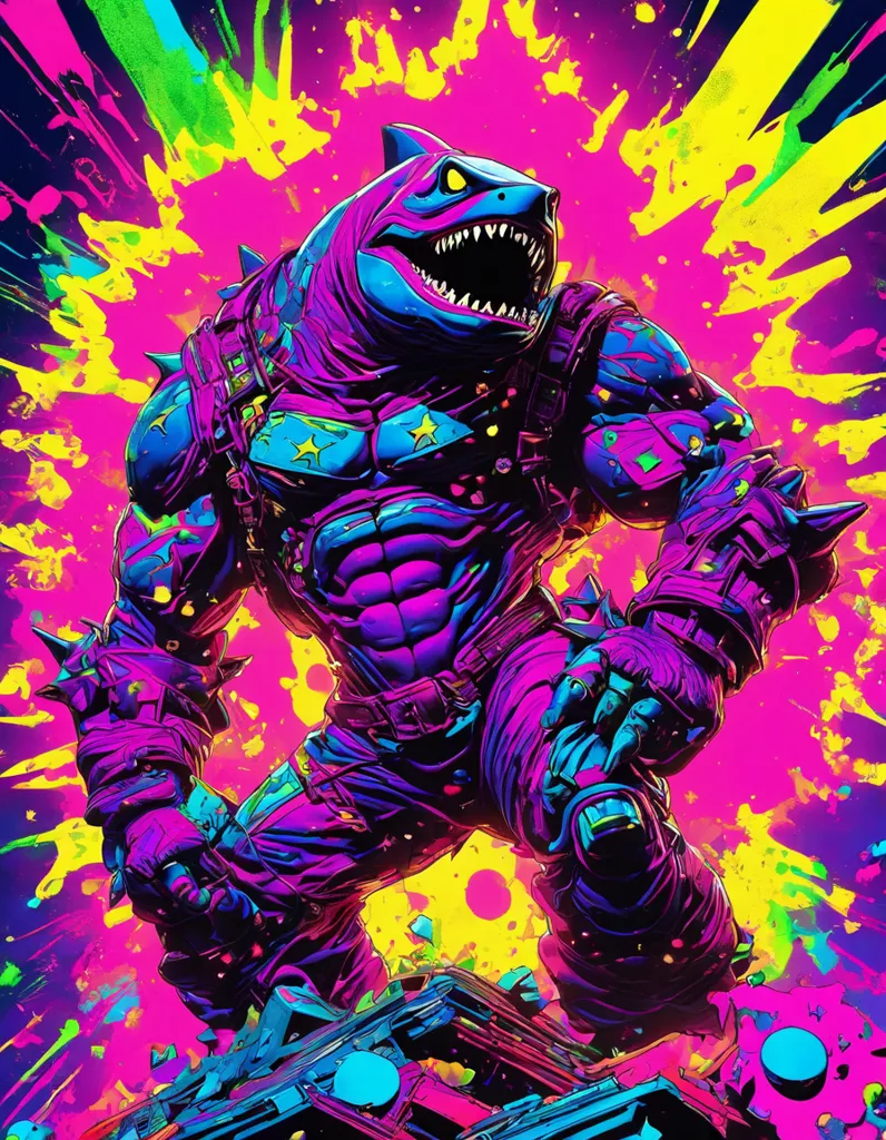 This is a picture of a shark. It is purple and blue and has a lot of muscles. It is wearing a black vest with stars on it and has a big mouth full of sharp teeth. It is standing on a pile of scrap metal and has a colorful background with bright yellow and pink.