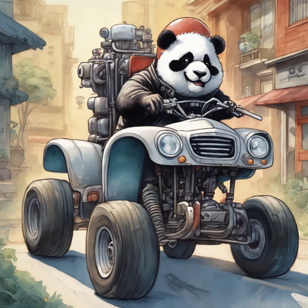 This is an image of a panda riding a four-wheeler. The panda is wearing a red hat and a black leather jacket. The four-wheeler is white and blue. The panda is smiling and waving. The background is a city street with buildings and trees. The art style is cartoonish and the colors are bright.