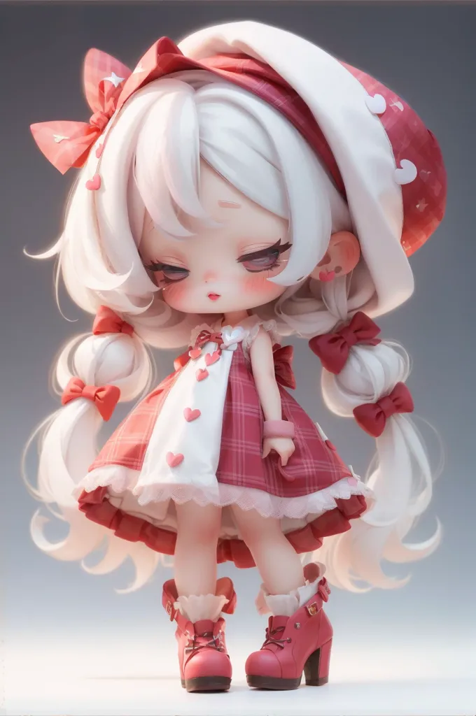 The image shows a cute anime girl with white hair and pink eyes. She is wearing a red and white dress with a heart pattern and a red hat with white hearts. She is also wearing pink shoes and has a pink bow in her hair. She is standing on a white background and is looking at the viewer with a shy expression.