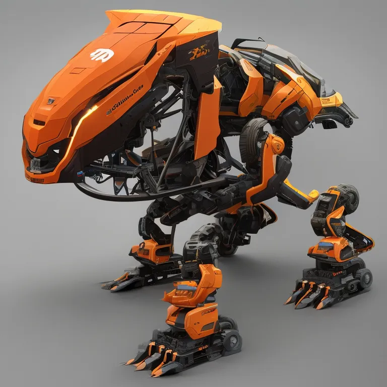The image depicts a quadrupedal mech with a car-like body. It has a black and orange color scheme. The mech is armed with a variety of weapons, including a large gun on its back and a smaller gun on each of its arms. It also has a set of claws on each of its feet. The mech is standing in a rocky environment, and there is a building in the background.