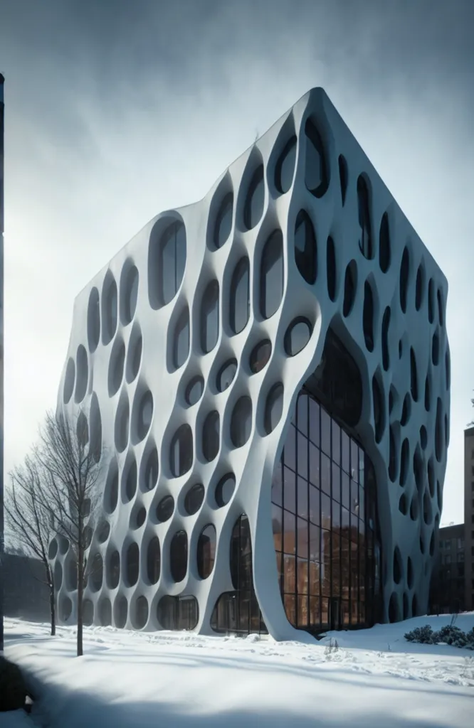 The image shows a modern office building with a unique and striking design. The building is covered in a series of concave circular indentations, which give it an organic and futuristic appearance. The indentations are arranged in a random pattern, and they create a sense of movement and dynamism. The building is also covered in glass windows, which reflect the light and add to the overall effect. The building is located in a snowy landscape, which adds to its beauty and mystery.