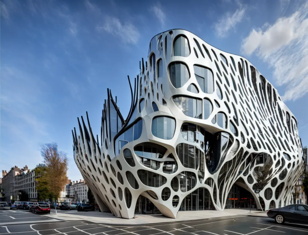 The image is a photograph of a modern building. The building is white and has a very unusual shape. It is made of many small, curved pieces that come together to form a larger, more complex structure. The building has a lot of windows and is surrounded by trees and cars.