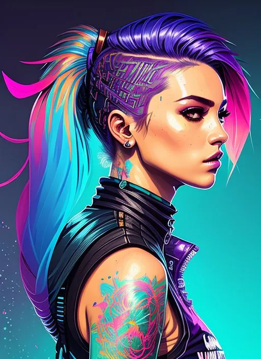 A imagem é um retrato de uma jovem mulher com um estilo cyberpunk. Ela tem cabelos brilhantes rosa e azuis, e seu olho direito é coberto por um implante cibernético. Ela está usando uma jaqueta de couro preta com uma listra rosa e azul na manga. O fundo é de cor azul escuro.