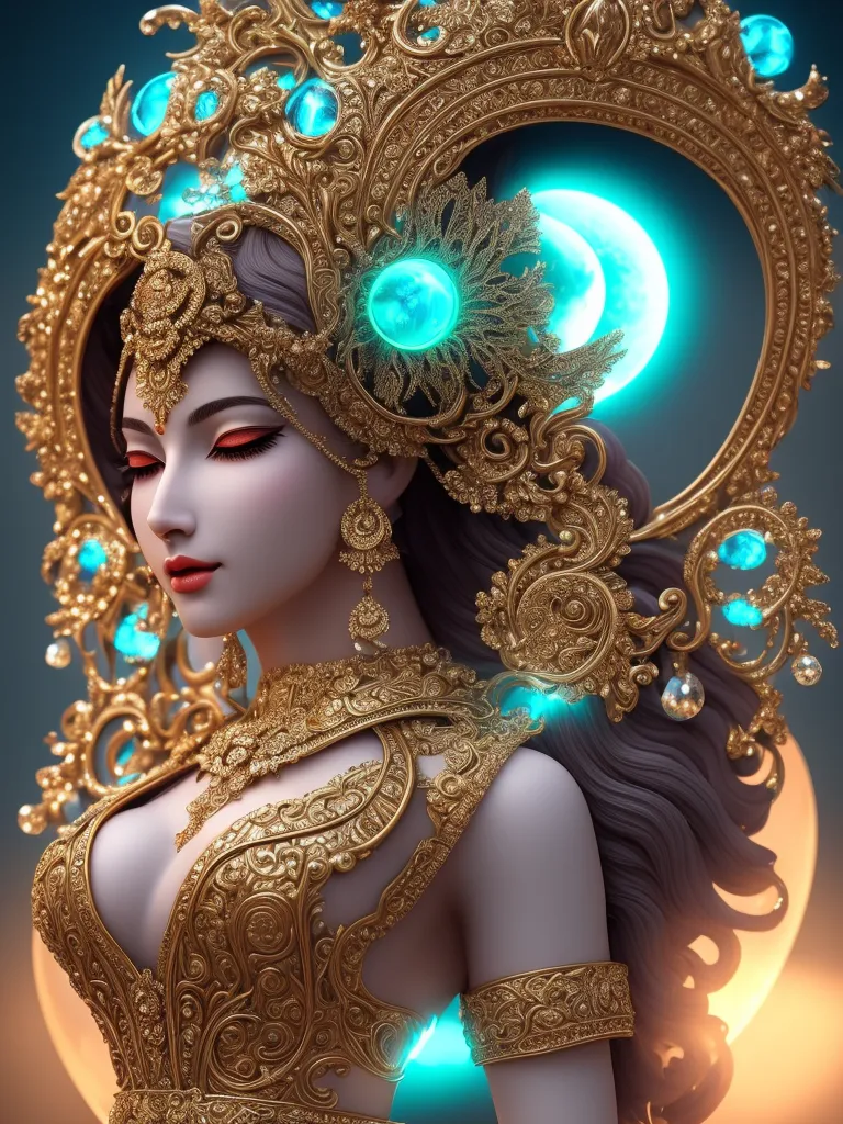 The image shows a beautiful woman with long, flowing hair and dark eyes. She is wearing a golden headdress and a golden necklace with a large blue gem in the center. Her golden outfit is adorned with intricate patterns and gems. The background is a dark blue night sky with a crescent moon.