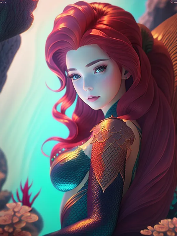 This is an image of a redheaded mermaid. She has light green eyes and is wearing a seashell bra. Her hair is long and flowing, and she has a scaly green tail. She is sitting on a rock in the ocean, and there are fish and coral reefs swimming around her.