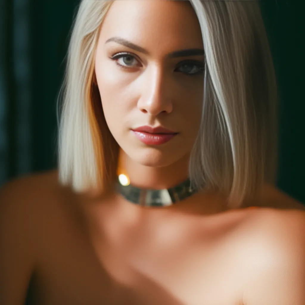 The image is a portrait of a beautiful young woman with blonde hair and green eyes. She is wearing a gold choker and has a serious expression on her face. The background is dark green. The woman is wearing a white button-down shirt that is partially unbuttoned. The image is taken at a close-up angle, which makes the woman's features appear larger than they actually are. The woman's hair is styled in a way that is reminiscent of the 1950s. The image is soft and has a warm, inviting feel to it.