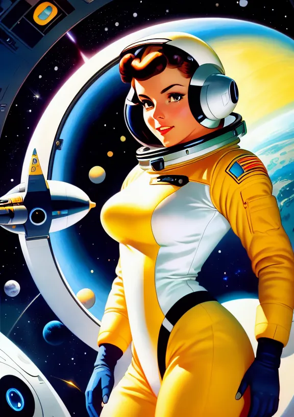 The image is a painting of a young woman in a yellow spacesuit with a white helmet and gloves. She is standing in front of a large window, looking out at a planet. There is a spaceship docked to the window. The woman has brown hair and blue eyes, and she is smiling. She is wearing a name tag that says \