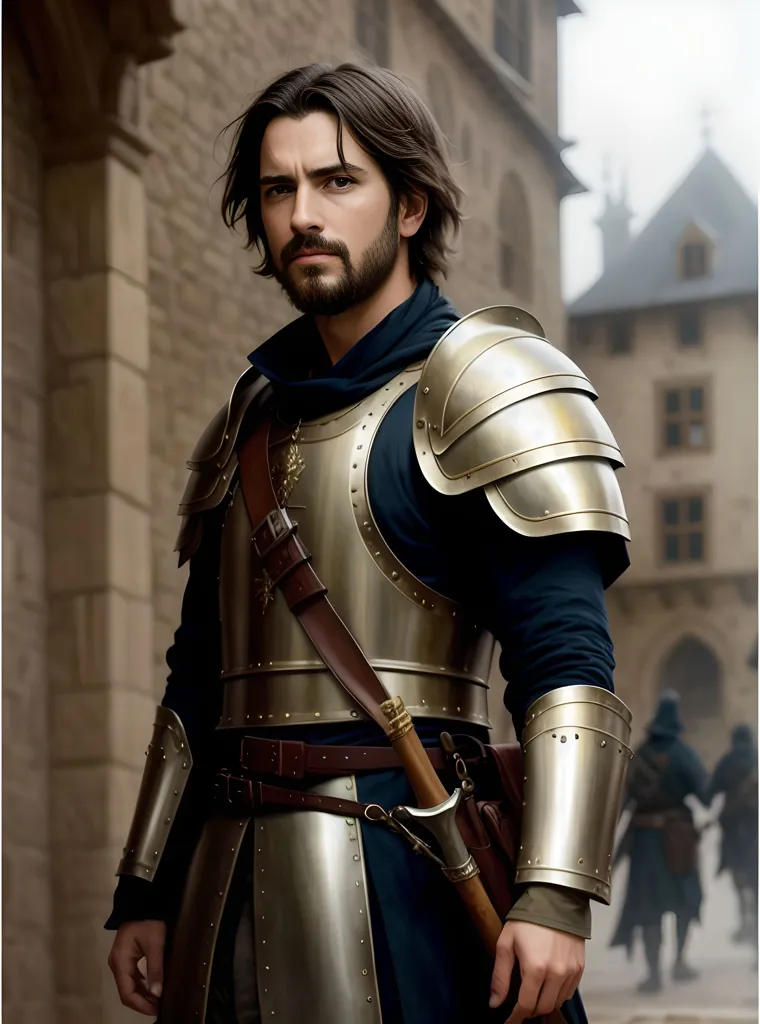 This is a picture of a man in medieval armor. He is standing in a courtyard, with a castle in the background. The man is young and handsome, with long brown hair and a beard. He is wearing a blue tunic under his armor, and he has a sword at his side. The man looks like he is ready for battle.