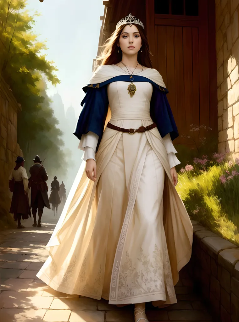 The image is of a woman wearing a white dress with a blue cape. The dress has a sweetheart neckline and is fitted to the waist, with a full skirt that flows to the ground. The cape is lined with fur and has a gold clasp at the neck. The woman is wearing a gold necklace and a gold crown. Her hair is long and brown, and she has blue eyes. She is standing in a courtyard, with a castle in the background. There are two men in the background, both wearing tunics and carrying swords.