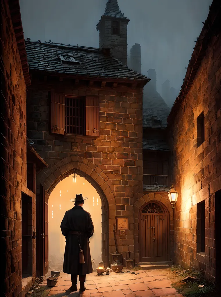 The image is a dark and atmospheric painting of a medieval street. The street is lit by a few lanterns, and the only other light comes from the windows of the houses. The houses are made of dark wood and stone. The street is cobbled and there is a gutter running down the middle. A man stands in the middle of the street, wearing a long black coat and a hat. He is looking at the door of a house. The door is made of heavy wood and has a large iron knocker.