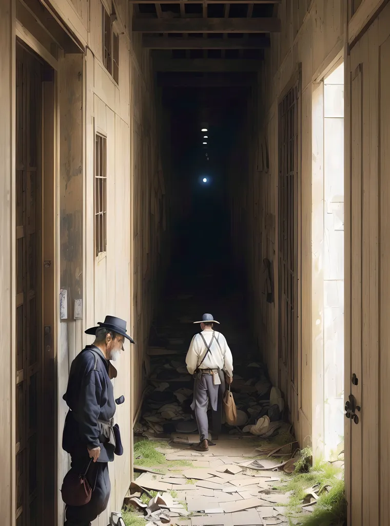 The image is a long, dark hallway with a single light source at the end of the hall. The walls are made of wood and the floor is covered in debris. There are two figures in the hallway, both wearing hats and coats. The figure on the left is standing still, while the figure on the right is walking towards the light.