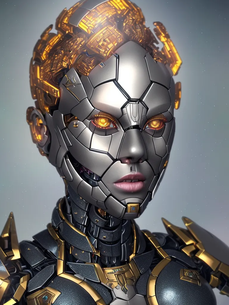 The image is a portrait of a female cyborg. She has silver skin and golden eyes. Her head is partially covered in a golden crown-like structure. She is wearing a black and silver bodysuit. The image is set against a grey background.
