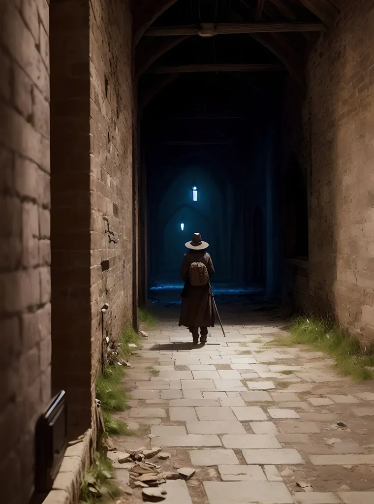 The image is a dark and mysterious alleyway. The only light comes from three glowing orbs in the distance. A man is walking away from the camera, his head down and his shoulders hunched. He is wearing a long black coat and a hat. He has a backpack on his back and a walking stick in his hand. The alleyway is made of cobblestones and is lined with tall buildings. The buildings are made of brick and have wooden shutters. The alleyway is empty except for the man. The image is full of mystery and intrigue. It is unclear where the man is going or what he is doing. The glowing orbs add to the sense of mystery. The image is a perfect setting for a horror story or a mystery novel.