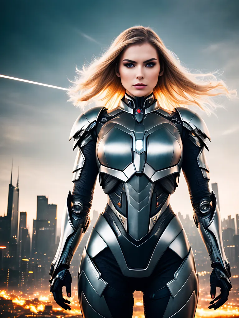 The image shows a woman standing in a powerful pose. She is wearing a futuristic suit of armor that is silver and black. The armor has a metallic sheen and looks like it is made of metal. The woman's hair is blonde and it is blowing in the wind. Her eyes are blue and her lips are slightly parted. She has a confident expression on her face and looks like she is ready for a fight. The background of the image is a cityscape. There are tall buildings in the distance and a bright light in the sky. The image is full of action and excitement.