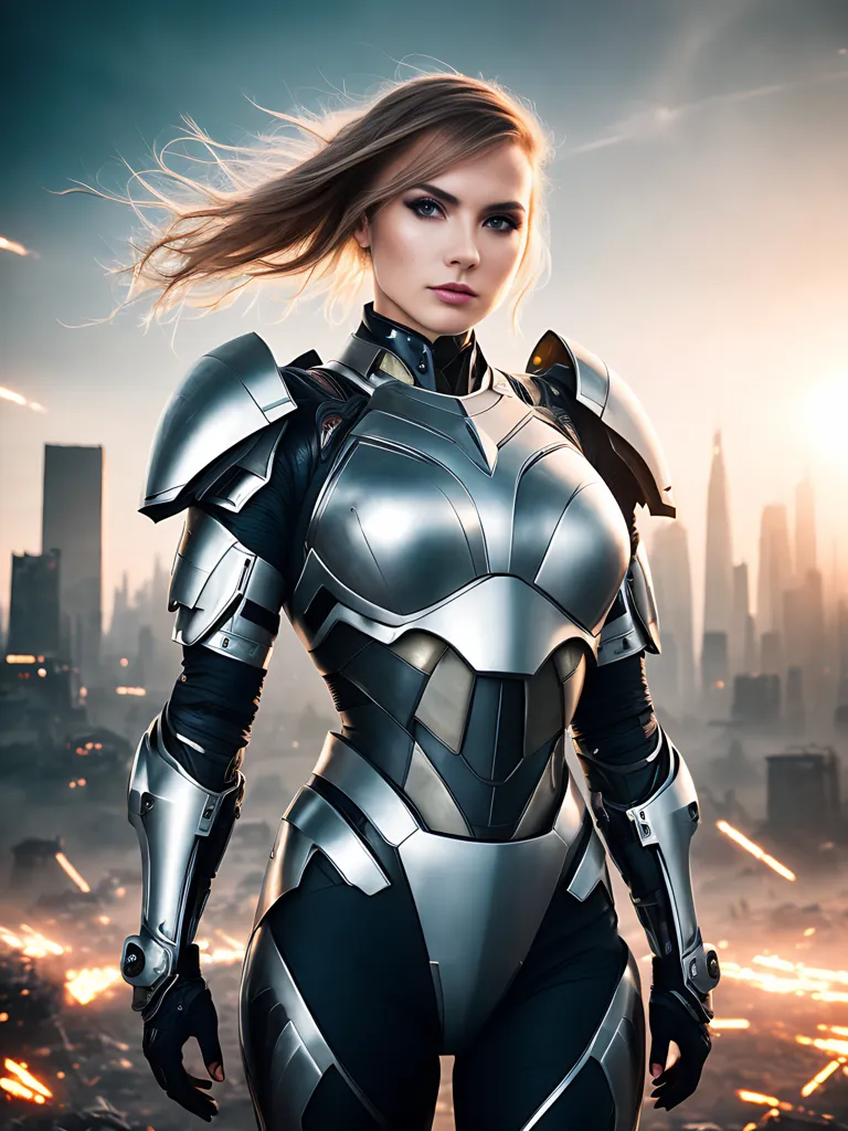 The image shows a woman wearing a futuristic armor standing in a city. The woman is tall and slender, with long blonde hair and blue eyes. She is wearing a silver and black armor that covers her body from head to toe. The armor is made of a metal material and has a glossy finish. The woman is standing in a city, with tall buildings and skyscrapers in the background. The sky is orange and there are clouds in the background.