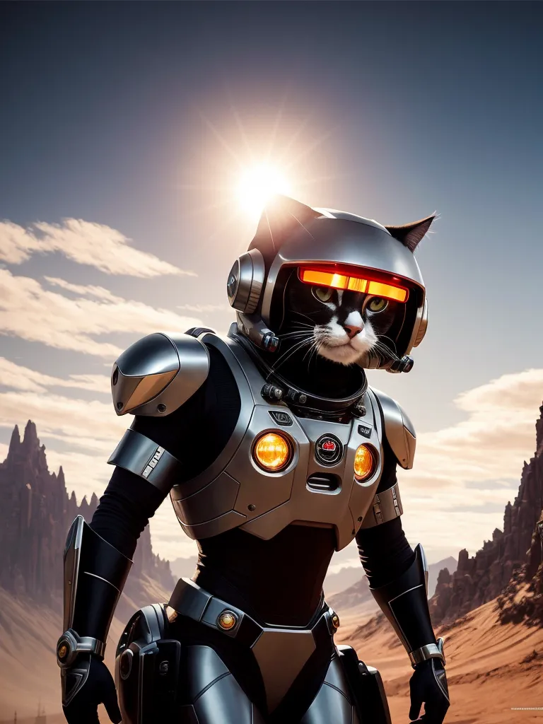 Esta é uma imagem de um gato usando um capacete espacial e uma roupa espacial. O gato está em pé em um planeta rochoso com um canyon ao fundo. O gato está olhando para a câmera. A roupa espacial é feita de metal e tem um capacete de bolha transparente. O gato está usando uma mochila a jato nas costas.