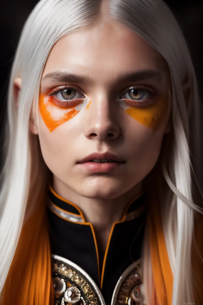 The image shows a young woman with long, white hair and light orange eyes. She is wearing a dark-colored outfit with gold trim. The woman's face is partially covered in orange paint, with two triangles painted under her eyes and a line down her nose. She is looking at the viewer with a serious expression. The background is dark, with a spotlight shining down on the woman.