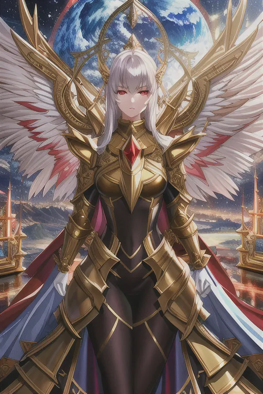 Ini adalah gambar seorang gadis anime yang cantik dengan rambut putih panjang dan mata merah. Dia mengenakan armor emas dengan selendang merah dan memiliki sepasang sayap putih dengan ujung merah. Dia berdiri di depan latar belakang biru dan ungu dengan sebuah planet di kejauhan.