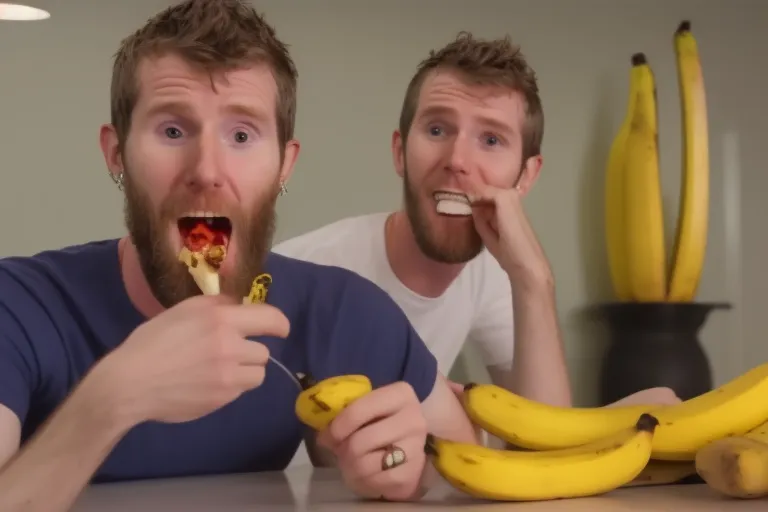 The image shows two men with thick ginger beards eating bananas. The man on the left is wearing a blue shirt and the man on the right is wearing a white shirt. The man in the blue shirt is holding a fork and the man in the white shirt is holding a banana with his hands. There are many bananas on the table in front of them. In the background, there is a wall with a painting of bananas on it.