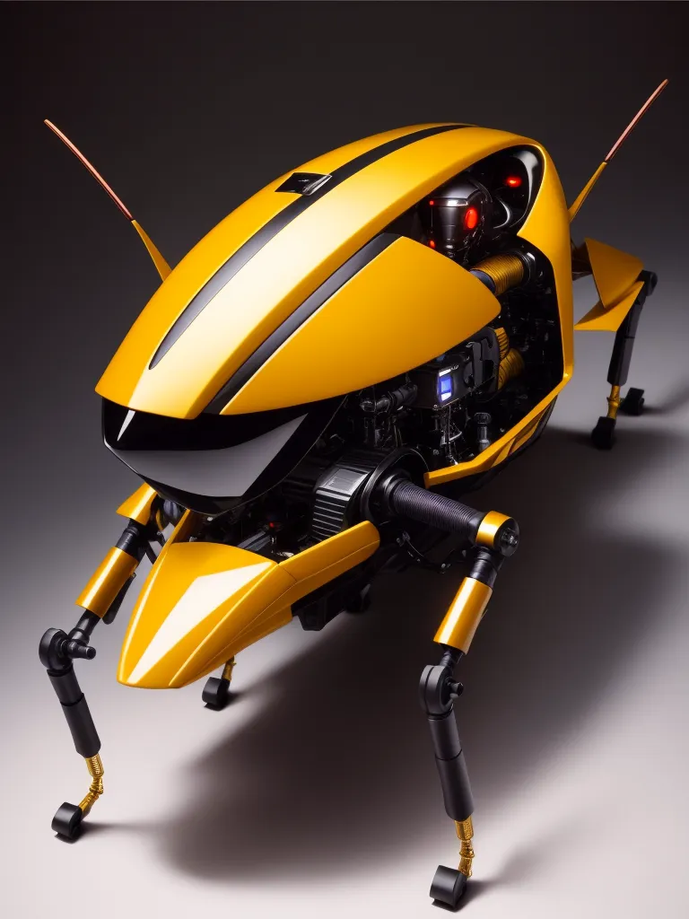 The image depicts a yellow and black robotic insect. It has a large, bulbous head with a pair of red eyes and a small mouth. The body is segmented and has six legs. The legs are jointed and have a pair of wheels on each foot. The robot is also equipped with a pair of antennae.