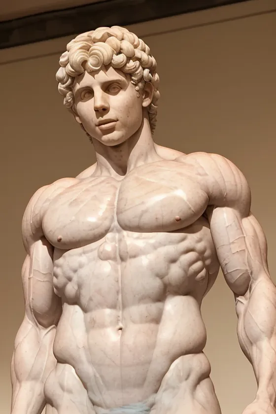 The image is a marble statue of a muscular young man. He has short curly hair and his head is turned slightly to the right. His expression is one of determination and focus. His body is perfectly proportioned and his muscles are defined. The statue is carved in great detail and the veins and tendons in the young man's arms and legs are clearly visible. The statue is a masterpiece of classical sculpture and is a testament to the skill of the artist who created it.