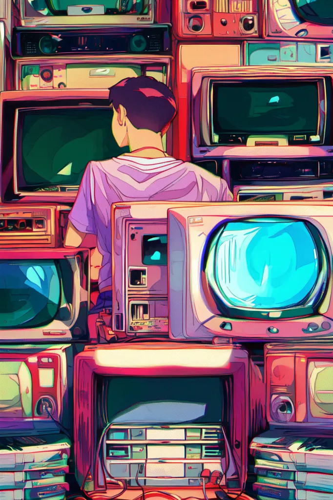 The image is of a person standing in a room full of retro televisions. The person is wearing a purple shirt and has short brown hair. They are looking at the televisions. The televisions are all different sizes and shapes and are arranged in a haphazard manner. The image has a retro, nostalgic feel to it.