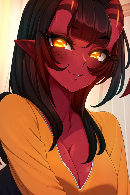 The image is a portrait of a young woman with red skin and black hair. She has yellow eyes and small, sharp horns on her head. She is wearing a yellow shirt and has a sly expression on her face. The background is a blurred orange color.