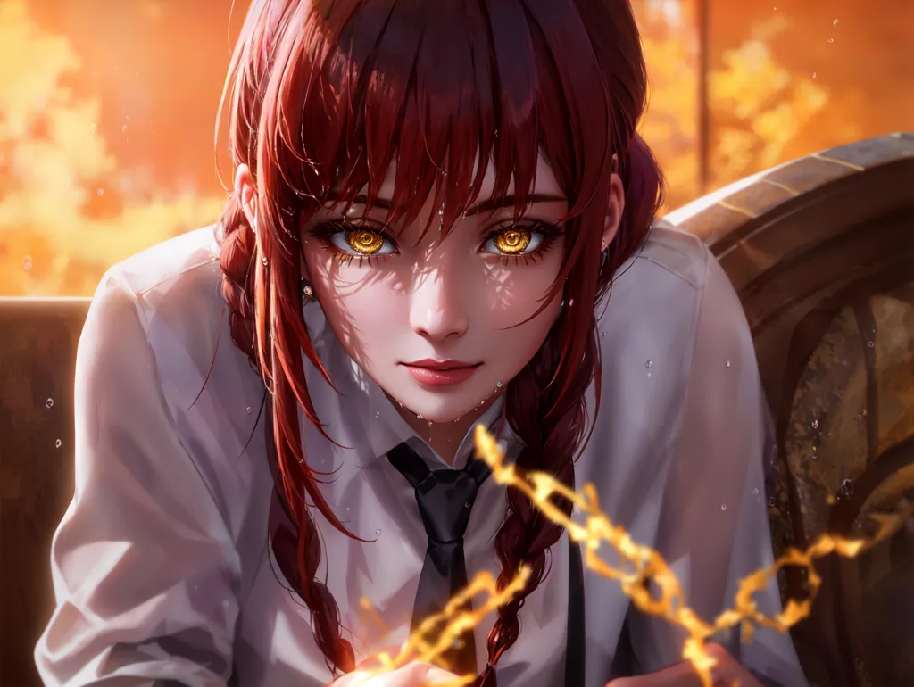 The image is a portrait of a young woman with long red hair and golden eyes. She is wearing a white shirt and a black tie. The woman has a serious expression on her face, and she is looking at the viewer with her golden eyes. The background is blurry, and it looks like the woman is sitting in a dark room. The image is very detailed, and the woman's hair and skin are rendered realistically. The image is also very atmospheric, and the dark background and the woman's serious expression create a sense of mystery and intrigue.