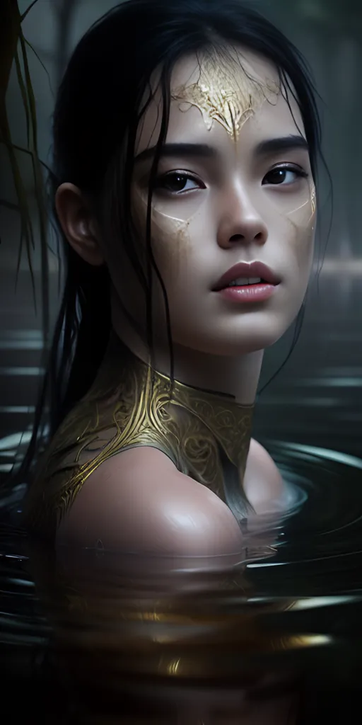 The image is a portrait of a young woman with long black hair and dark eyes. She is wearing a golden necklace and has a golden symbol painted on her forehead. She is standing in a dark pool of water, and her body is wet and glistening. The background is dark and out of focus, but it looks like there are trees and plants in the background. The woman's expression is serious and thoughtful. She is looking at the viewer with her head tilted slightly to one side. The image is very detailed, and the woman's skin looks soft and smooth. The water is clear and transparent, and you can see the reflection of the woman's face in the water. The image is very beautiful and has a somewhat mysterious feel to it.