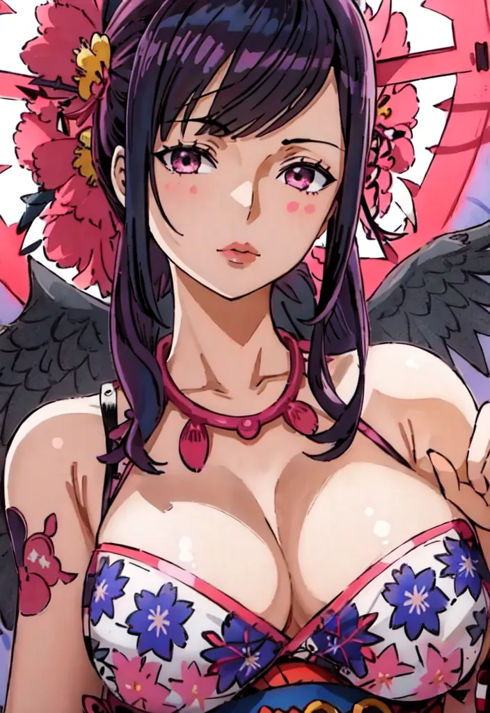 The image contains a beautiful anime girl with purple hair and pink eyes. She is wearing a revealing pink and white outfit with a floral pattern and has black wings. She is also wearing a necklace with a red jewel in the center. The girl has a serious expression on her face and is looking at the viewer with her head tilted slightly to the right. The background is white with a pink circle in the top right corner.