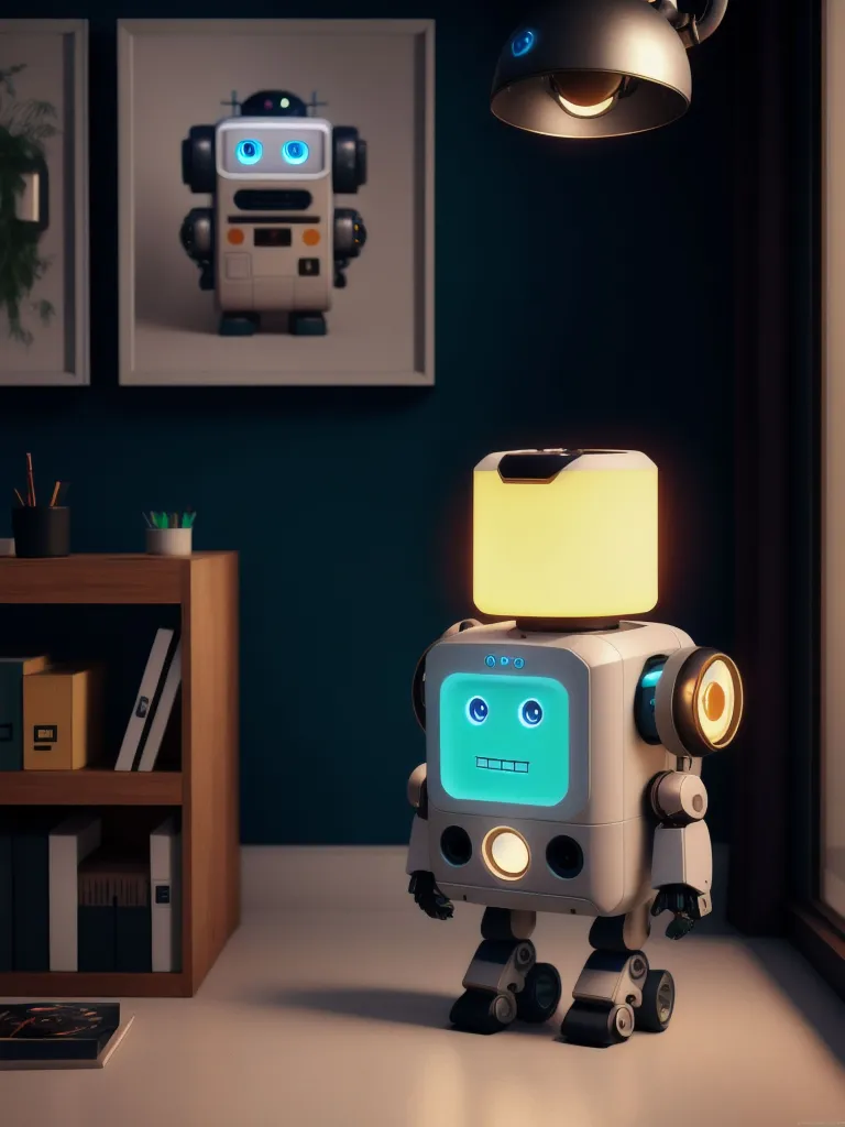 The image is a 3D rendering of a robot standing in a room. The robot is white and has a yellow head. It has a screen on its chest and two blue eyes. There is a picture of the same robot on the wall behind it. The room is dark and there is a lamp on the wall behind the robot. There is a shelf to the left of the robot with some books and plants on it. The floor is white and the walls are dark blue. The image is in a cartoon style and the robot is cute and friendly looking.