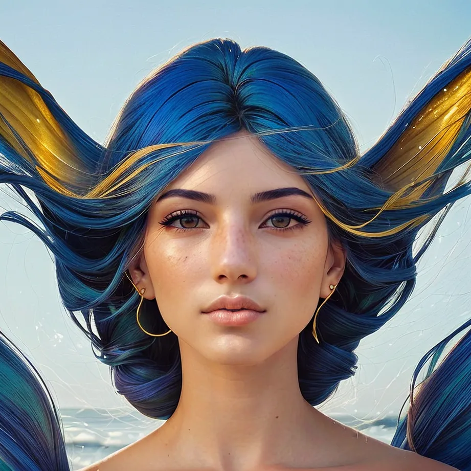 La imagen muestra a una mujer joven con el cabello azul largo que tiene algunos mechones amarillos. Sus ojos son marrones y su piel está ligeramente bronceada. Lleva pendientes de aro dorados. Está de pie frente a un océano azul con olas blancas que se estrellan detrás de ella.