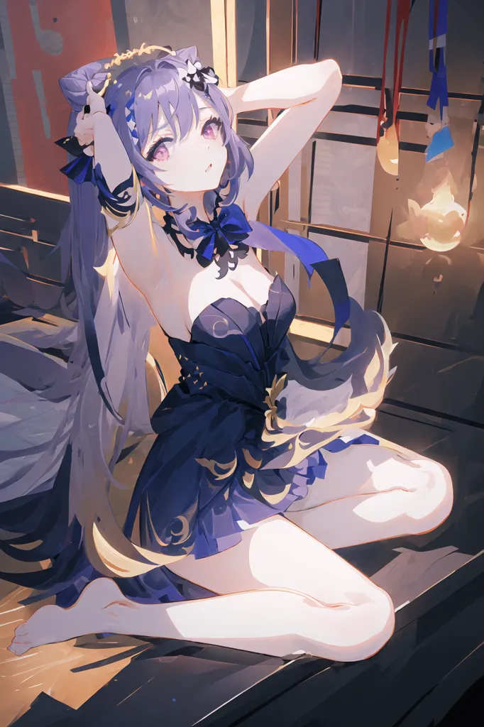 The image is of a beautiful anime girl with long purple hair and purple eyes. She is wearing a blue and purple dress with a white bow on the chest. She is sitting on a wooden bench with her legs crossed. She has one hand on her thigh and the other in her hair. There is a lantern on the ground next to her. The background is a traditional Japanese-style room with wooden walls and floors.