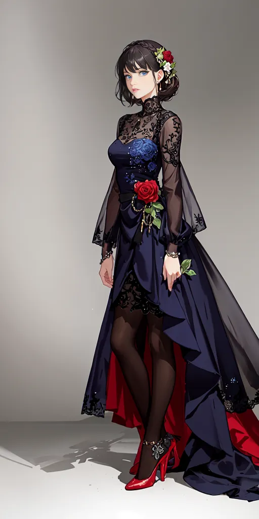 The picture shows a young woman, with an elegant dress, black hair, and red high heels. The dress has a blue bodice with black lace overlay, a black skirt with a red underskirt, and a long train. She is also wearing a necklace with a red rose pendant. Her hair is styled in a bun with two red roses on the right side of her head. She is standing in a neutral pose, with her left hand holding the left side of the dress, and her right hand hanging by her side.