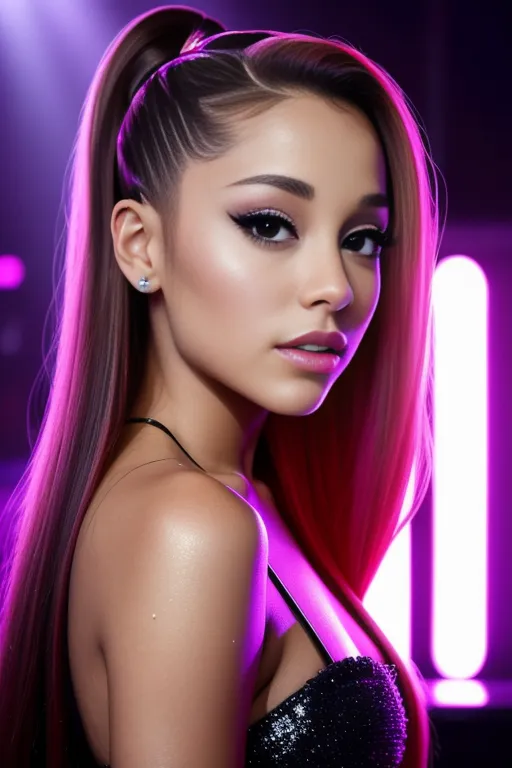 The image shows a young woman with long, straight hair. Her hair is a bright pink color. She is wearing a black dress with a plunging neckline. The dress is covered in sequins. She is also wearing a diamond necklace and diamond earrings. Her makeup is flawless and she is wearing a light shade of lipstick. She is standing in front of a purple background with bright lights.