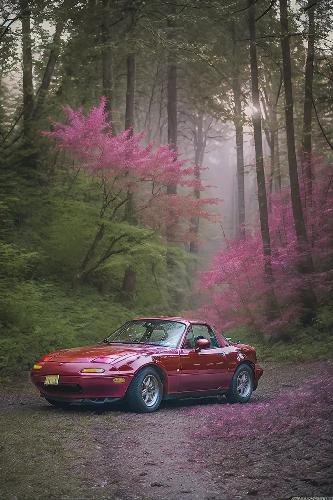 Un Mazda Miata rojo está estacionado en un bosque. El Miata es un pequeño automóvil deportivo de dos plazas. Es rojo con un techo negro. El bosque está lleno de árboles altos y hojas verdes. Los árboles están desnudos. El suelo está cubierto de flores rosas. El Miata está estacionado en una pequeña carretera que atraviesa el bosque.