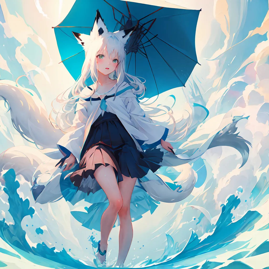 The image is a painting of a young woman with white hair and fox ears. She is wearing a white and blue sailor-style outfit and is carrying a blue umbrella. She is standing in a sea of blue water, and there are clouds in the background. The painting is done in a realistic style, and the colors are vibrant and bright. The woman's expression is one of determination and strength.