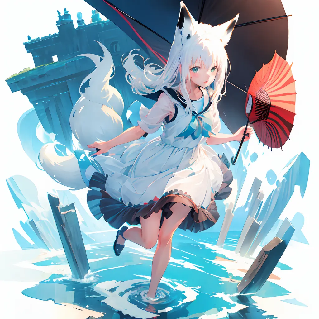 The image is a painting of a young girl with white hair and fox ears. She is wearing a white dress with a blue sash and a red umbrella. She is standing in a shallow body of water, and there are some rocks and buildings in the background. The girl is smiling and looks happy.