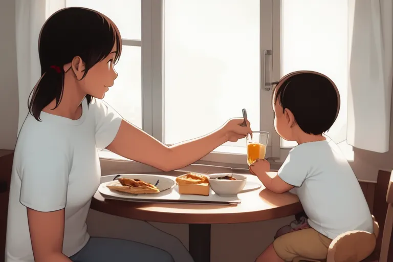 The image shows a mother and her child sitting at a table and eating breakfast. The mother is sitting on the left side of the image, and the child is sitting on the right side. The mother is wearing a white shirt, and the child is also wearing a white shirt. The table is set with two plates, two glasses, and a bowl. The mother is holding a glass of orange juice and is pouring it into the child's glass. The child is holding a spoon and is about to eat a bowl of food. The background of the image is a window, and there is a curtain on the window. The image is warm and inviting, and it depicts a loving relationship between a mother and her child.