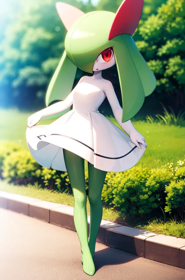 The image is of a character from the Pokemon franchise. It is a green and white creature with long, flowing hair and large, red eyes. It is wearing a white dress with a black stripe around the waist. It is standing on a sidewalk, with a road and trees in the background.