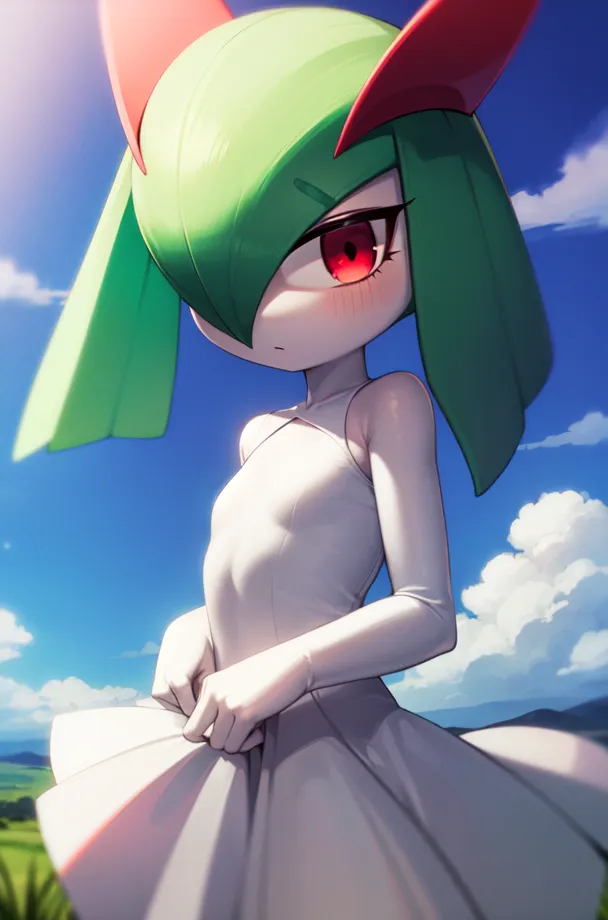 The image shows a Pokemon character named Gardevoir. It is standing in a field, looking at the viewer with a curious expression on its face. Gardevoir is a bipedal, humanoid Pokemon with a white body and green hair. It is wearing a white dress with a long, flowing skirt. It has red eyes and a small, pointed nose. Its arms are long and slender, and its legs are short and stubby. Gardevoir is a powerful Pokemon that is said to be able to read the minds of its opponents. It is also said to be able to create psychic barriers to protect itself from harm.