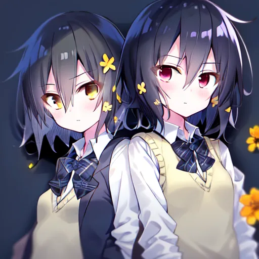 This image shows two anime girls with black hair. They are both wearing school uniforms. The girl on the left has yellow eyes and the girl on the right has red eyes. There are yellow flowers in their hair and around them.