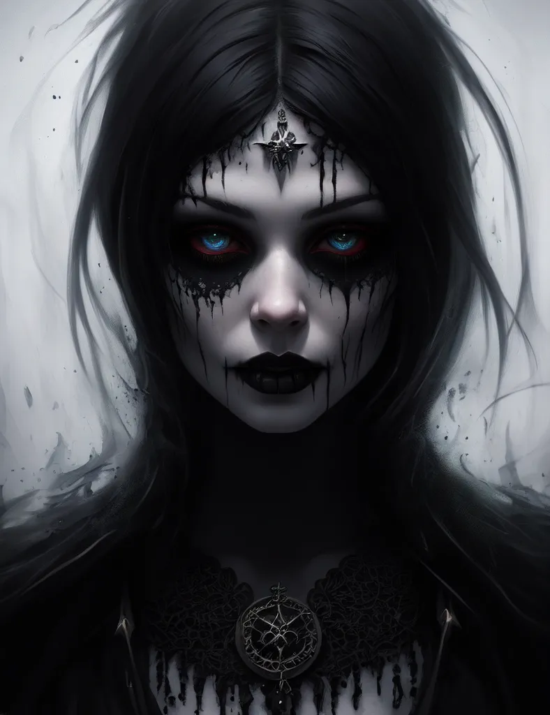 The image is a portrait of a woman with long black hair, pale skin, and dark red lips. Her eyes are a bright blue, and she is wearing a black dress with a white collar. There is a dark symbol in the center of her forehead. She is surrounded by a dark background with a few splashes of white. The image is dark and moody, and the woman's expression is one of sadness and resignation.