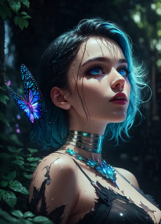 The picture shows a beautiful woman with blue hair and blue eyes. She is wearing a black dress with a silver necklace and a butterfly is sitting on her shoulder. The background is a blur of green leaves.