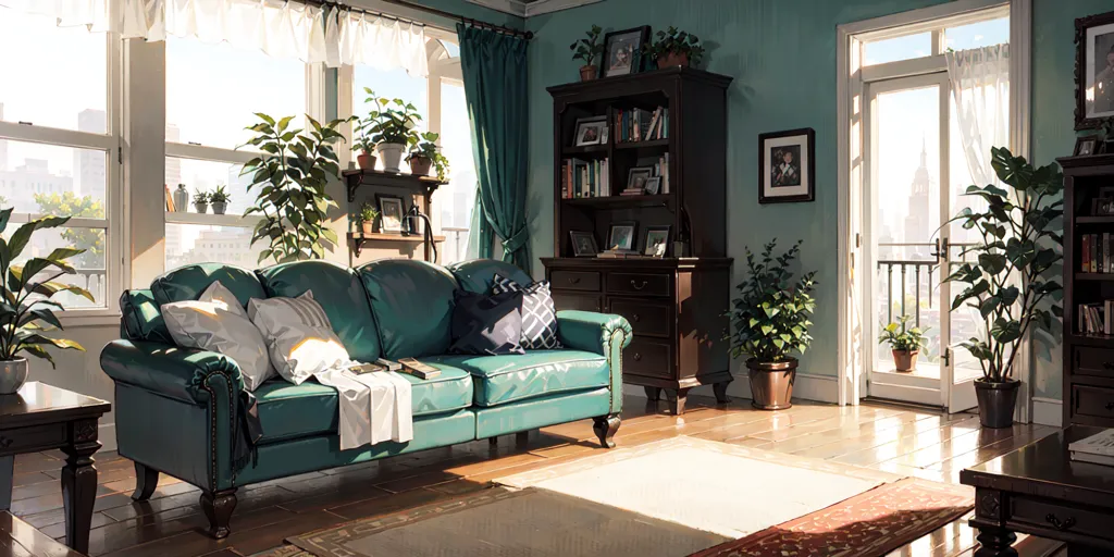 The image is a living room with a large window, a couch, a bookshelf, and several plants. The couch is green and has a white pillow on it. The bookshelf is filled with books and plants. The floor is covered with a brown carpet. The large windows have white curtains. There is a plant in front of the window. There is a door next to the bookshelf that leads to a balcony with plants on it. The walls are painted green. There is a white ceiling light.