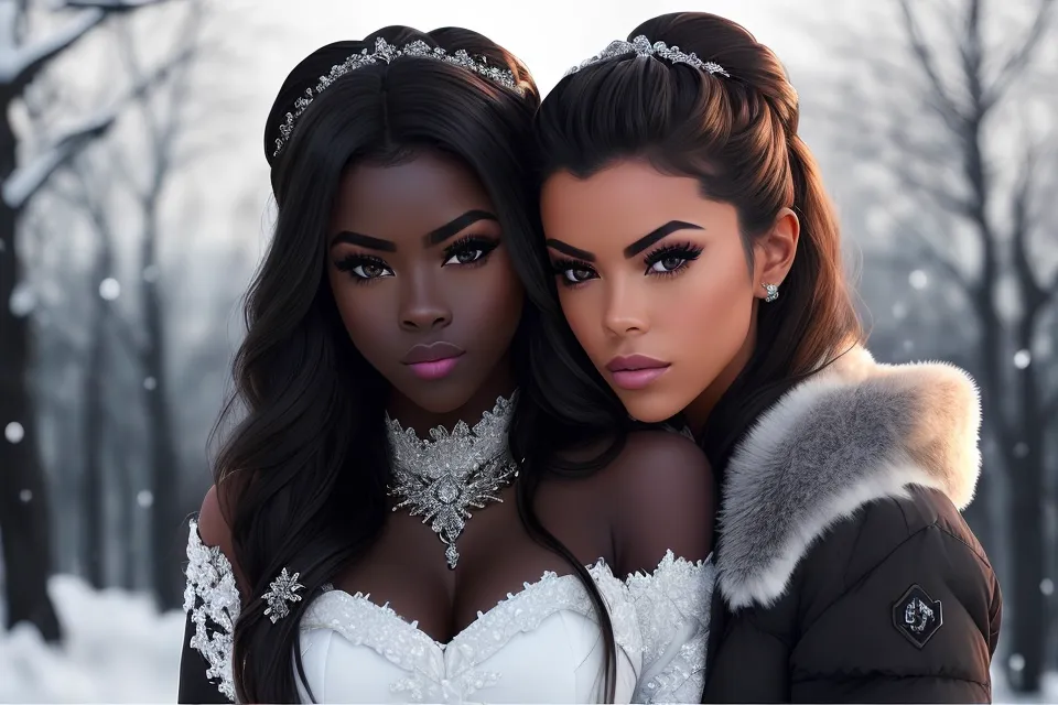 The image shows two beautiful women, one with dark skin and one with light skin. They are both wearing white wedding dresses and have their hair styled in elaborate updos. They are standing in a snowy forest, and the trees are bare. The woman on the left is wearing a silver tiara and a diamond necklace, and the woman on the right is wearing a fur coat. They are both looking at the camera with serious expressions.