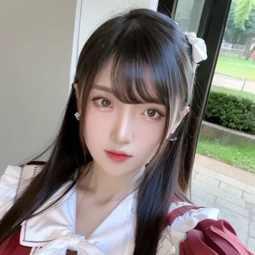 The image shows a young woman with long, black hair. Her hair is styled with a hime cut, which is a traditional Japanese hairstyle. She has bangs that are swept to the side. The woman's eyes are dark brown and she has long, black eyelashes. Her nose is small and her lips are full. She is wearing a white blouse with a red ribbon. The blouse has a Peter Pan collar. The woman is standing in a room with a white wall in the background.