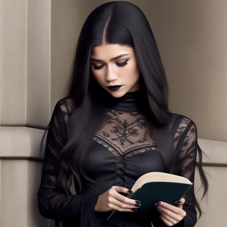 The image shows a young woman with long, black hair. She is wearing a black lace dress with a high collar. The dress is low cut, showing off her cleavage. She is also wearing a black choker. Her makeup is dark and dramatic, with heavy eyeliner and dark lipstick. She is holding a book in her hands and is looking down at it. She is standing in front of a dark background.