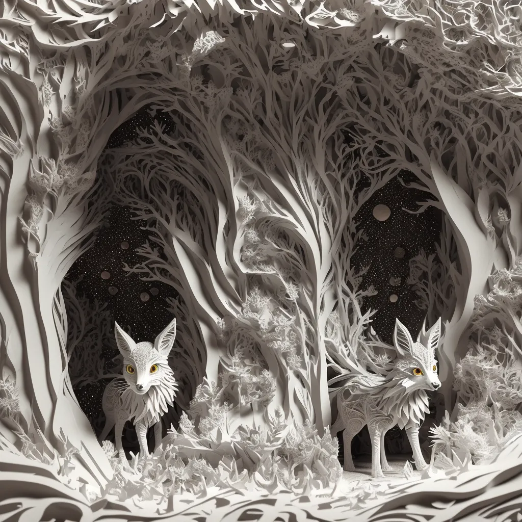 The image is a beautiful depiction of a winter forest. The trees are bare, and the ground is covered in snow. There are two foxes in the foreground, and they are both looking at the viewer. The foxes are white, and they have long, bushy tails. The trees are arranged in a way that creates a path leading into the forest. The background of the image is a night sky, and there are stars and a moon. The image is very detailed, and it looks like it was created using paper cutouts.