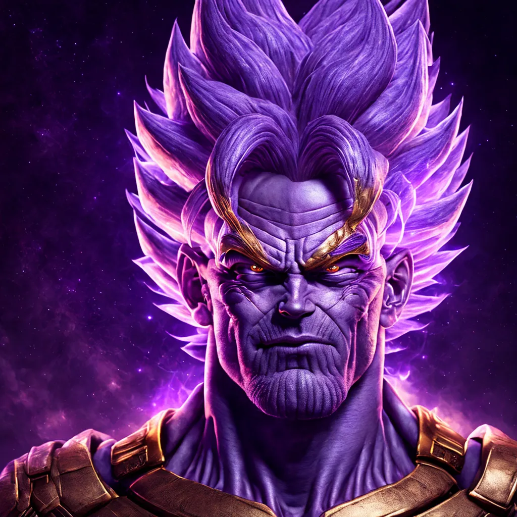 The image shows a character with purple skin and hair. He has a muscular build and is wearing a golden armor. His eyes are red and he has a stern expression on his face. The background is a dark purple color with stars.